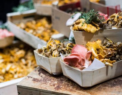 Packages of dried mushrooms at market