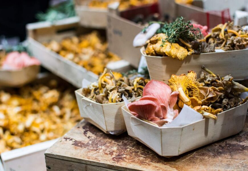 Packages of dried mushrooms at market
