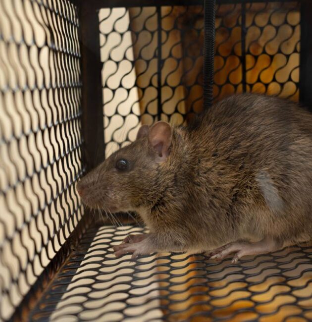 A rat confined in an iron cage, depicting a trapped scenario.